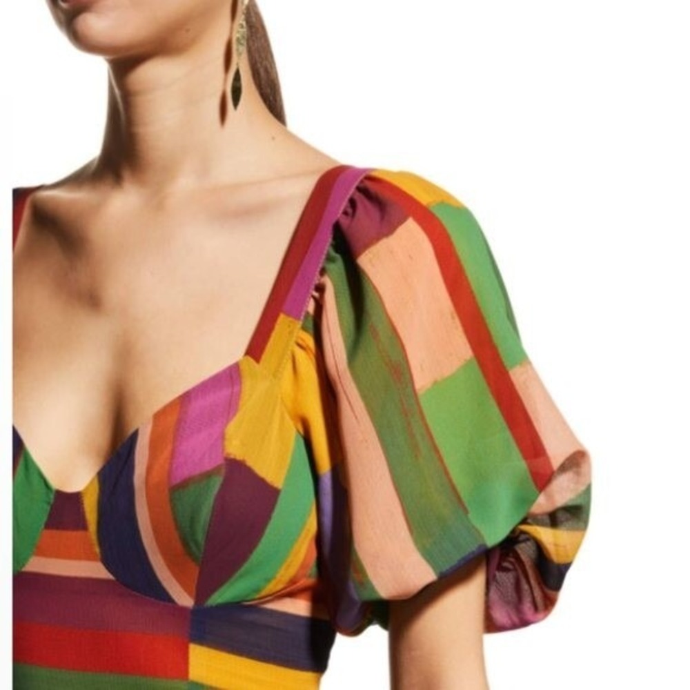 Farm Rio‎ Painted Stripes Blouson-Sleeve Pleated Dress - Size Small - Picture 4 of 5